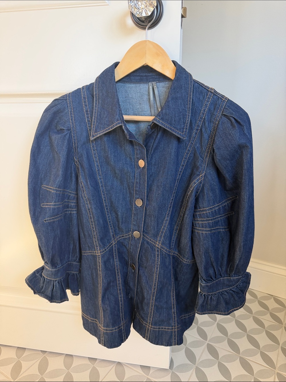 Anthropologie Dark Blue Denim Puff-Sleeve Button Down Shirt